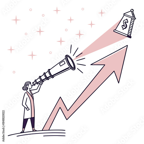 Woman looking through telescope at money bag on arrow
