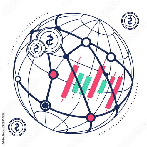 Abstract modern digital finance chart sphere with dollar coins