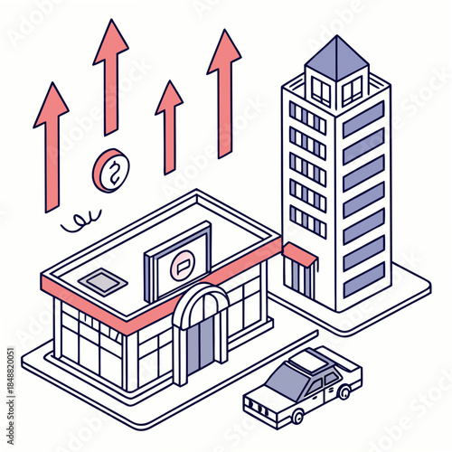 Futuristic financial hub with bank building, skyscraper, and hovering arrows