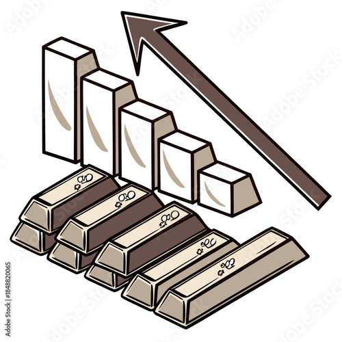 Gold bars increasing value with brown arrow gold bullion