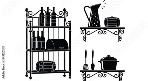 Black and White Kitchen Utensils and Shelves Illustration