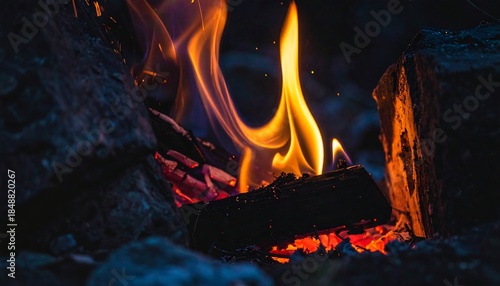Campfire. Flames dance brightly over wood, flanked by dark stones, casting a warm glow in the dim setting
