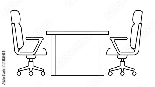 Black and white line art illustration of two office chairs facing a table isolated on white background, Vector, illustration