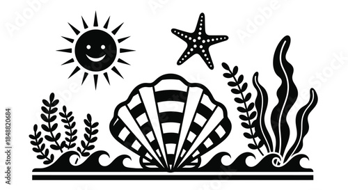 Black and White Beach Icon Set with Shell, Starfish, and Sun