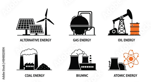 Energy Sources Icons Set, Alternative, Gas, Oil, Coal, Nuclear Power Symbols
