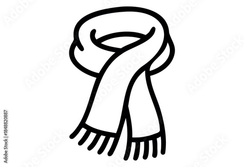 A simple, hand-drawn black and white illustration of a scarf with fringed ends isolated on a clean white background.