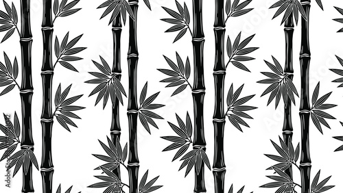 Bamboo silhouette pattern, segmented stalks and leaves, botanical design, nature motif, black and white illustration concept