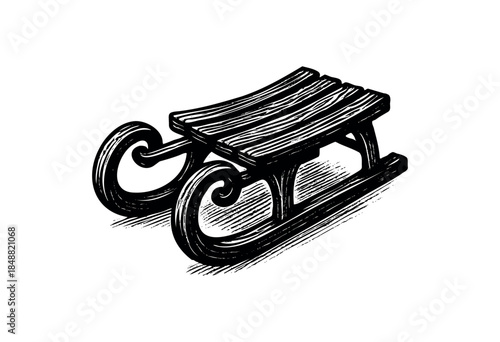 A classic wooden sled rendered in a bold, black and white woodcut style, isolated on a plain white background. This graphic evokes nostalgia and winter fun.