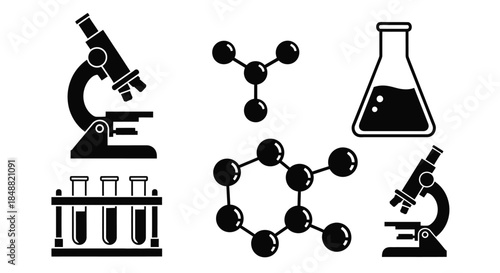 Laboratory Equipment and Molecular Structures in Black and White Icons