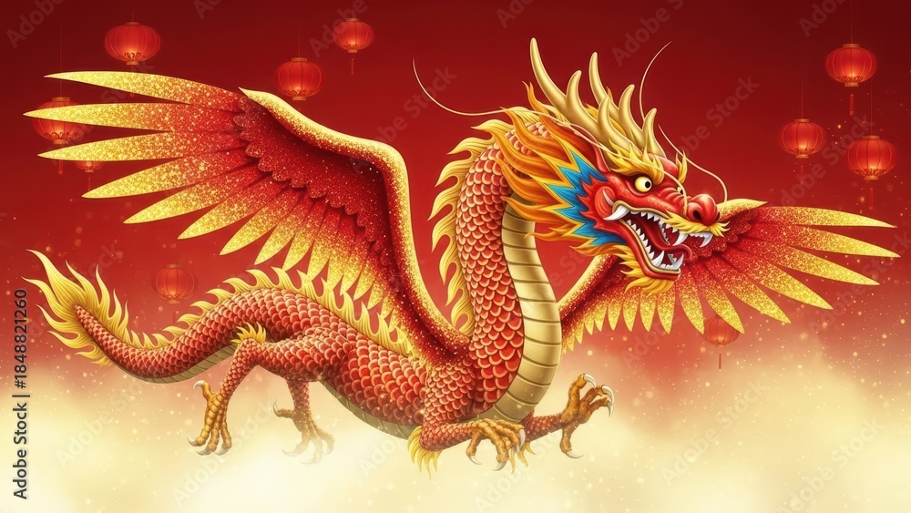 Obraz premium Golden Red Chinese Dragon Illustration with Lanterns.