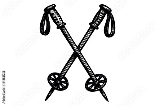A striking black and white hand-drawn illustration of two crossed ski poles, featuring textured grips and basket bases, against a clean white background.