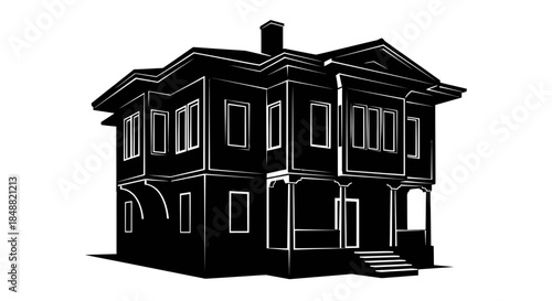 A silhouette of a traditional two-story house with a prominent roof and entrance steps.
