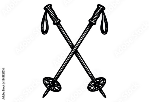 A simple black and white illustration depicts two crossed ski poles with straps and baskets on a clean white background. This graphic is ideal for winter sports and outdoor activity themes.