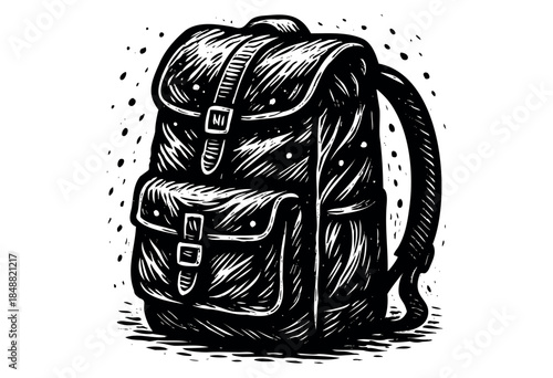 A stylized black and white woodcut illustration of a vintage backpack, featuring textured lines and isolated speckles, perfect for travel and adventure themes.