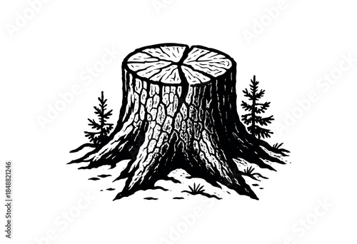 A stark black and white illustration of a weathered tree stump with radiating roots and surrounding pine saplings on a plain background.