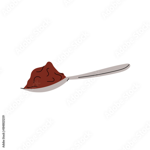 Metallic spoon with pile ground coffee on white background. Minimal flat design, isolated object suitable for packaging, cafe menu, branding, advertising and coffee related concepts.