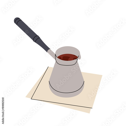 Flat illustration coffee cezve. Turkish coffee pot. Traditional coffee brewing utensil for cafe menu, coffee shop branding, packaging, poster, web and print designs.