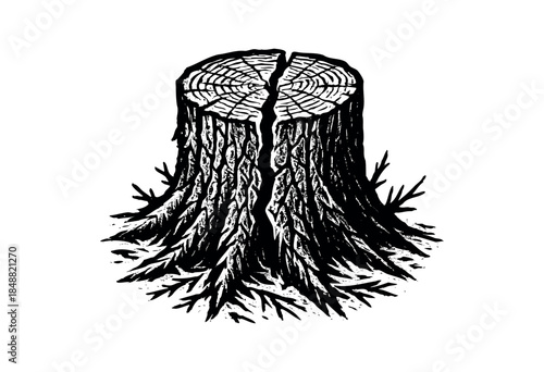 Black and white woodcut style illustration of a rough tree stump with visible growth rings and roots, conveying a rustic and organic feel.
