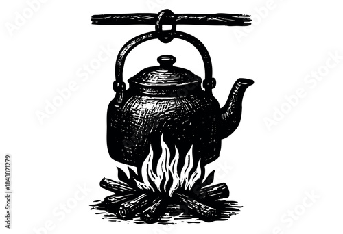 A vintage illustration depicts a black metal kettle suspended over a campfire with flames and logs, evoking a rustic, outdoor cooking experience.