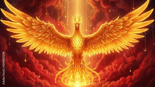 Golden phoenix rising from fiery clouds in dramatic mythic rebirth.