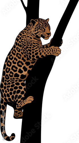 Majestic Jaguar Climbing Tree Trunk Wildlife Illustration Tropical Forest Predator Stealthy Hunter Powerful Big Cat Nature Art