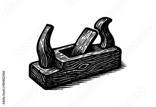 A graphic illustration in black and white depicts a vintage wood plane, a classic carpentry tool, presented against a clean white background, evoking a sense of craftsmanship and DIY.
