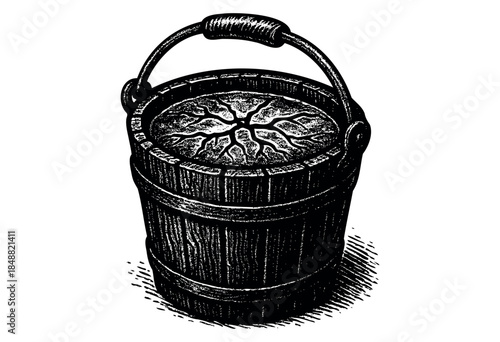 A detailed, black and white illustration of a rustic wooden bucket with a metal handle, featuring a textured interior pattern and set against a stark white background.
