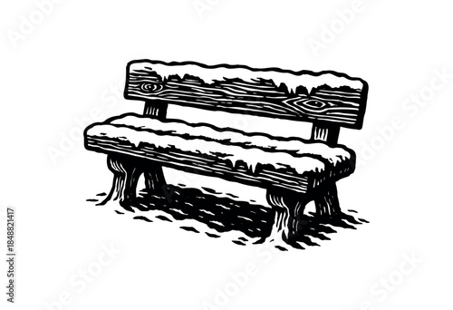 A black and white illustration of a wooden park bench covered in snow, rendered in a woodcut style, evoking a feeling of winter stillness.