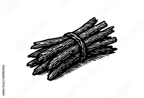 A black and white woodcut illustration depicts a bundle of rustic wooden sticks tied together with twine on a plain white background.
