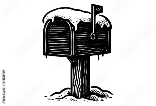 A black and white woodcut style illustration of a classic metal mailbox covered in snow, with its flag up, standing in a snowy landscape.