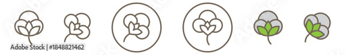 Cotton icons set in linear and solid color styles, isolated on a transparent background. Includes cotton flower symbols and signs suitable for textile, fabric, eco-related projects. Editable Stroke.
