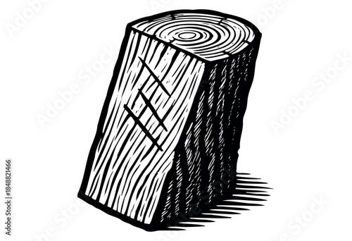 A stark black and white woodcut illustration of a single, carved wooden log slice featuring concentric rings and inscribed rune-like symbols.
