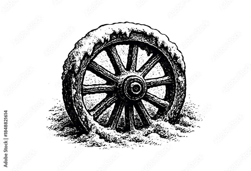 Fototapeta premium A vintage wooden wagon wheel is partially buried in snow, rendered in a stark black and white graphic style, evoking a sense of historical resilience.