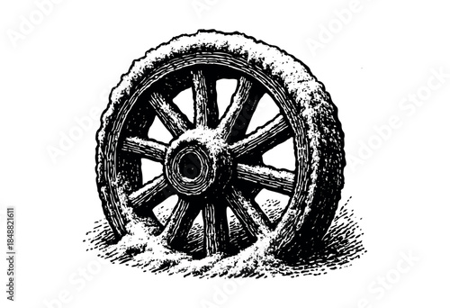 A black and white woodcut illustration depicts a weathered wagon wheel partially submerged in snow, evoking a sense of historical winter journeys and rustic solitude.