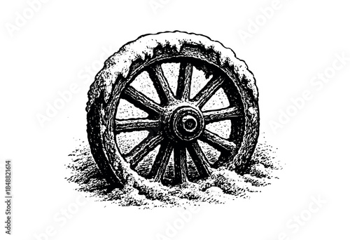 A vintage wooden wagon wheel is partially buried in snow, rendered in a stark black and white graphic style, evoking a sense of historical resilience.