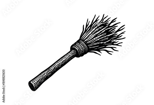 A detailed black and white illustration of a vintage broom with a wooden handle and straw bristles, isolated on a clean white background, perfect for design projects.