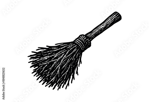 Hand drawn sketch of a rustic broomstick, with a wooden handle and straw bristles, isolated on a clean white background.