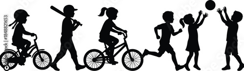 Children activity silhouette set, biking, running, playing ball, outdoor fun, physical exercise, childhood motion, black design