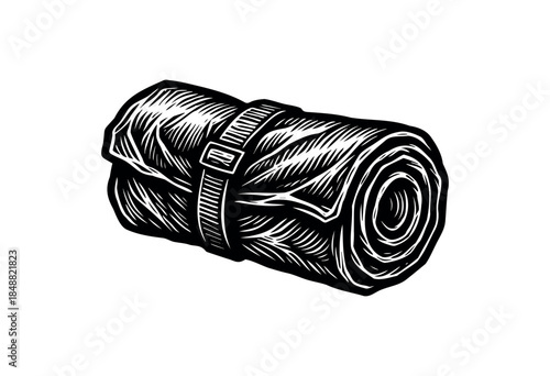 A black and white woodcut style illustration of a rolled sleeping bag secured with a strap, isolated on a white background, ideal for outdoor adventure themes.