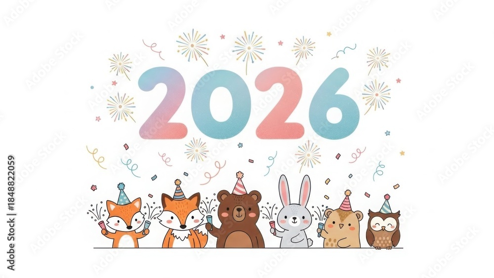 Fototapeta premium Cute Hand Drawn Woodland Animals Celebrating New Year 2026. Happy Holidays Vector Illustration.