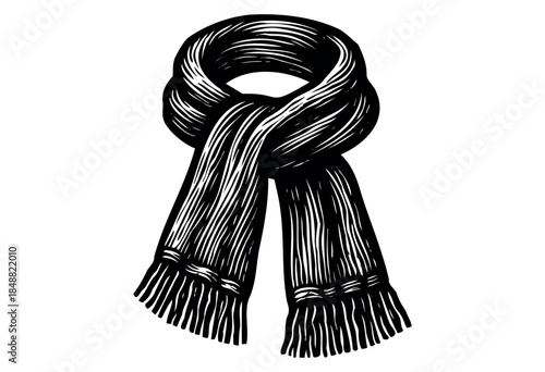 A striking black and white woodcut style illustration of a cozy scarf, featuring a textured knit and a fringed hem, perfect for winter fashion and seasonal themes.