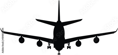 Commercial airplane front silhouette, landing gear extended, aviation structure, black aircraft design, transportation concept illustration