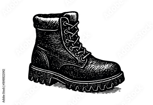 A detailed black and white illustration of a sturdy leather work boot with thick treads and laces, isolated on a clean white background, perfect for graphic design and industrial themes.