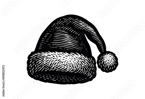 A hand-drawn, black and white illustration of a Santa Claus hat with a fluffy trim and a pom-pom, presented on a clean white background.