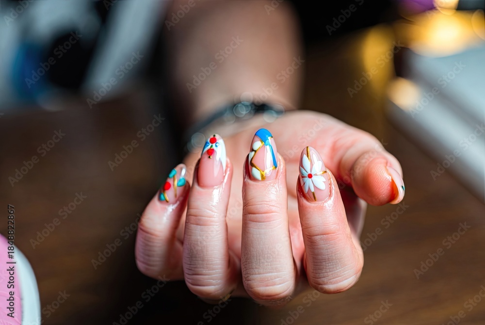 Naklejka premium Creative and artistic hand-painted nail designs on a woman's manicured