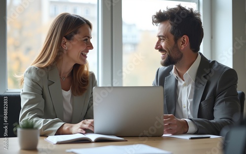 Wallpaper Mural Two happy professionals working using computer and talking sitting in office. Smiling mature business man and woman having conversation looking at laptop, manager consulting client at meeting. Torontodigital.ca