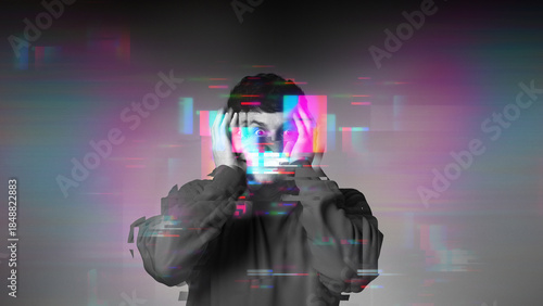 Tableau sur toile Surreal portrait of man with glitch distortion over face