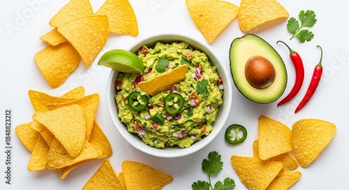 Delicious fresh guacamole in a bowl surrounded by tortilla chips, avocado, lime, cilantro, and chili peppers, ready for dipping and sharing. Vibrant Mexican cuisine.