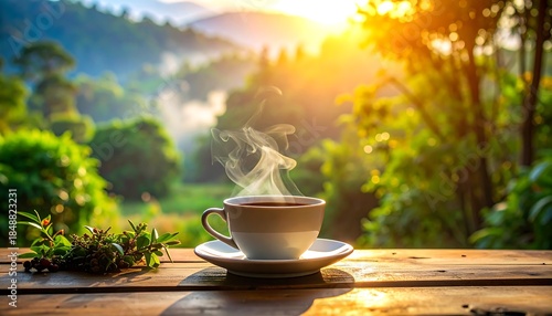 Steaming drink in a white cup on a wooden surface, with trees and sunlit mountains in the soft background
