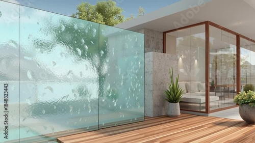 Modern Tranquility: A contemporary architectural marvel with a focus on serene aesthetics. Raindrops cascade down the glass walls, adding a touch of nature's artistry